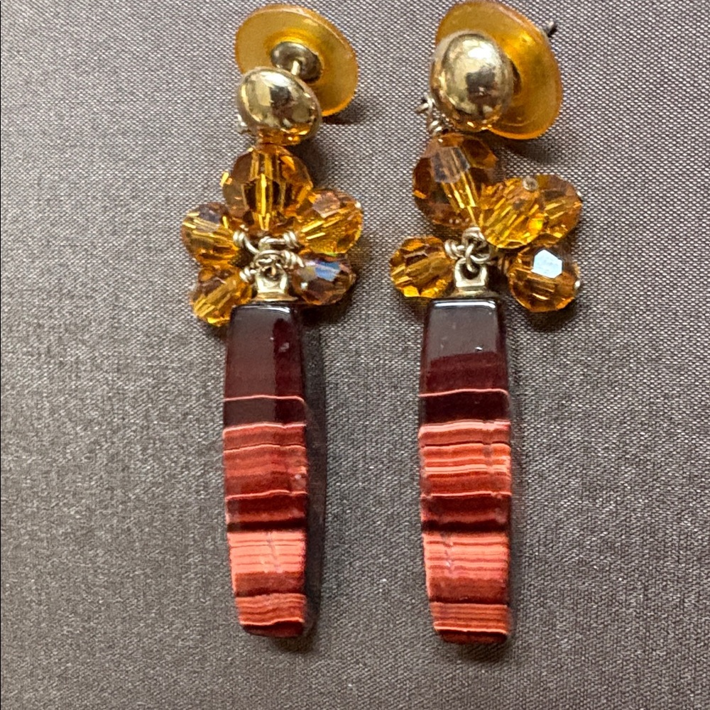 Vintage Handmade 14 K GF Gold and Brown Tiger Eye and Crystal Beaded Earrings - Picture 6 of 10